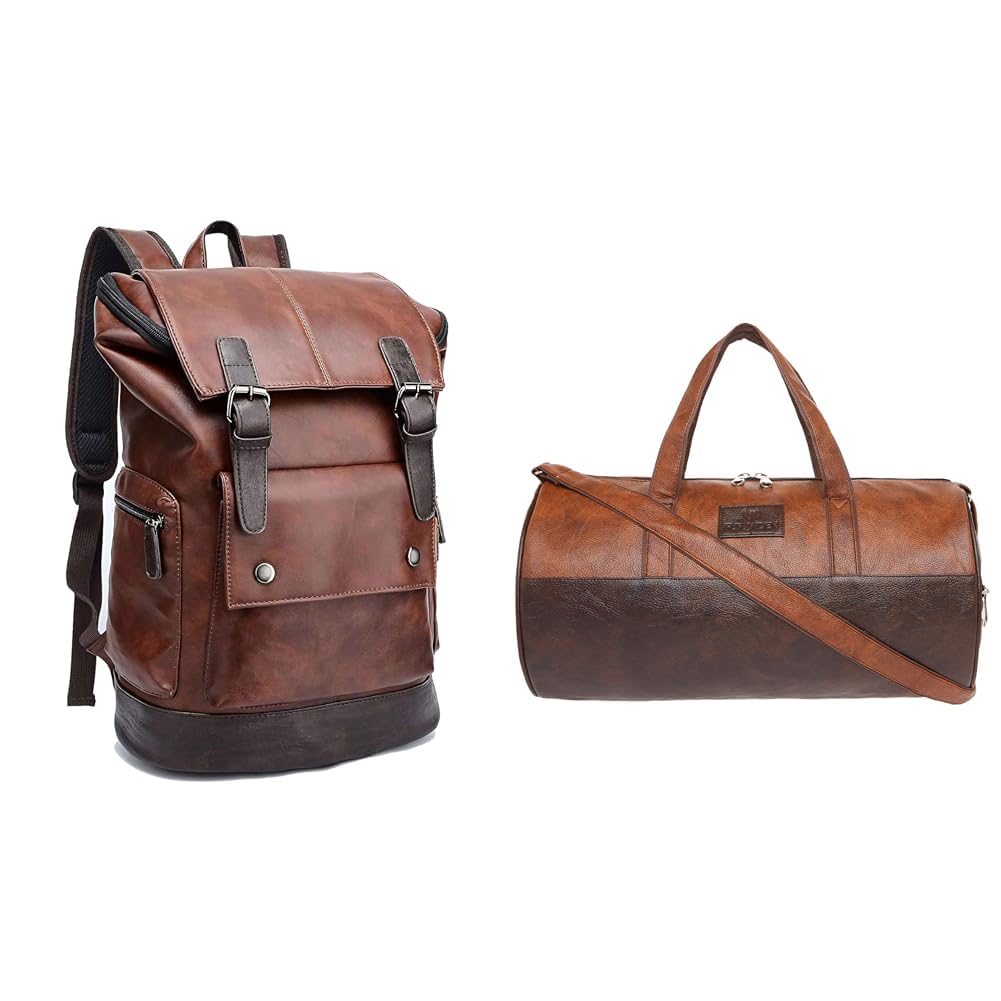Brown Leatherette Anti Theft Casual 1 Compartment Laptop Backpack with 15.6 Inch Laptop Pocket Tan Leatherette Gym Bag for Unisex Boys Girls Travel Duffle Weekender Bag 23L-image-38