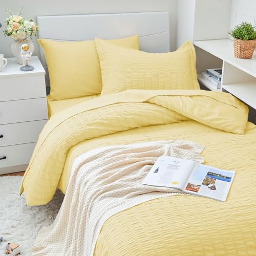 Image of HYMOKEGE Yellow Twin XL Comforter Set Seersucker 5 Pieces, All Season Luxury Bed in a Bag for Bedroom, Bedding Set with Comforter, Sheets, Pillowcase & Sham