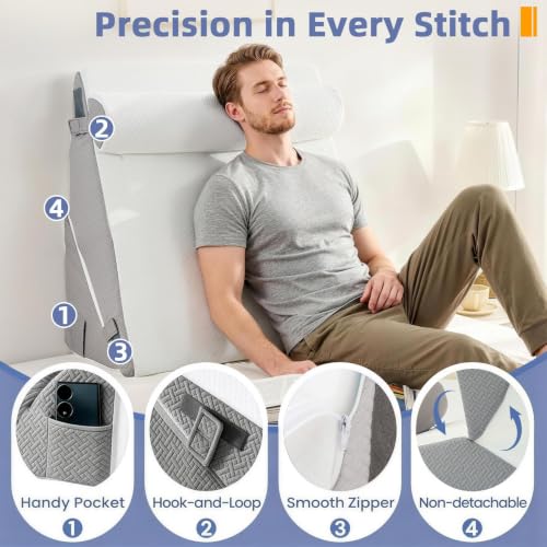 Image of Sasttie Extra Wide Wedge Pillow Set for After Surgery, Dark Grey & White | Bed Wedge Pillow Headboard with Memory Foam Neck Cushion, for Acid Reflux, Sleeping, Neck & Back Support