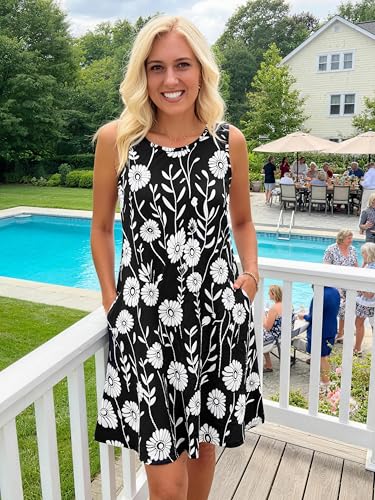 Image of Summer Dresses for Women 2026 Casual Sundresses Beach Cover Ups Sleeveless Tshirt Swing Dress with Pockets