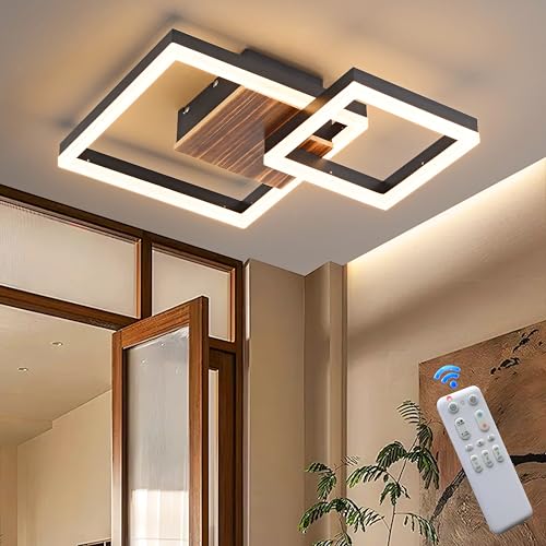 LED Deckenlamape Holz Dimmbar, schwarz Massivholz Geometrisch Schlafzimmer lampe, 30W 40cm 3000lm mit Fernbedienung Farbtemperatur 3000-6000K, Helligkeit 10-100%, 3W Nachtlicht, Memory-Funktion