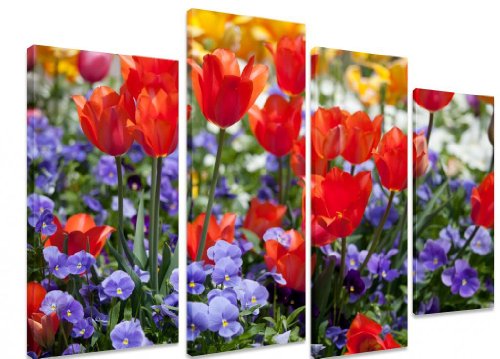 Imagen  Panel de multi Split lienzo arte Art  De Flores De Color Rojo, diseño de tulipanes flores, color morado y amarillo  Art Depot Outlet  Panel de 4  101 X 71 cm (40 "X28")