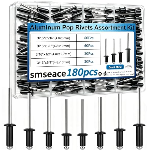 Image of smseace 180 Pcs 3 /16 Inches Black Rivets 3 /16 inch x (5 /16 inch, 3 /8 inch, 1 /2 inch, 5 /8 inch) Aluminum Pop Rivets Assortment Kit - Assorted Blind Rivets for Metal,Furniture,Automotive,Instrument