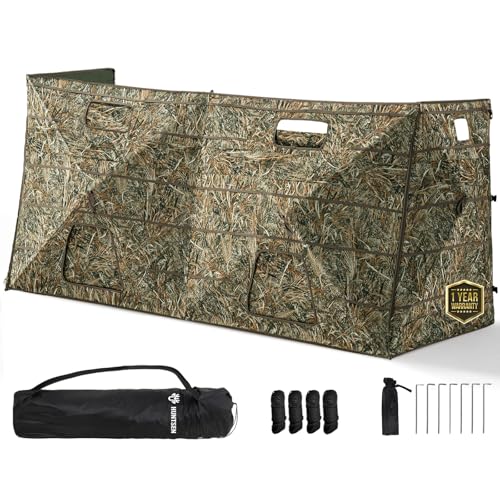 HUNTSEN Hunting Blind with Carrying Bag - 4 Panel with Silent Sliding Windows & Dog Door Portable Pop-Up Deer Blinds - Duck Waterfowl Hunting Ground Blind Camouflage Concealed Shelter for 3-4 People
