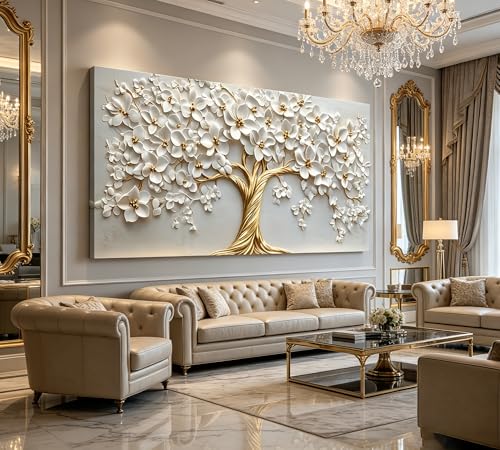 Large Tree of Life Canvas Wall Art,Gold Flower Painting Picture Wall Decor,Elegant Trees Poster Print Artwork for Living Room Bedroom Office Home Decoration - Image 5