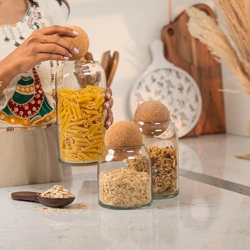 Image of Crest Glass Jar Set - Glass Storage Jars with Spherical Cork Lids - Multipurpose Storage for Kitchen & Decor (Set of 3)