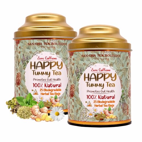 Image of Sancha Tea Boutique, Happy Tummy Tea, Caffeine Free Herbal Tisane, 25 Pyramid Bags, Digestive Teas, Tummy Detox (Pack of 2)