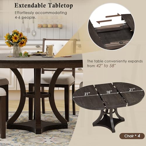 Image of Bellemave Extendable Dining Table Set for 4, 5-Piece Retro Round Table Set with 4 Upholstered Chairs, Round Table with a 16 inch W Leaf, Oval Kitchen Table Set with Extendable Table (Espresso)
