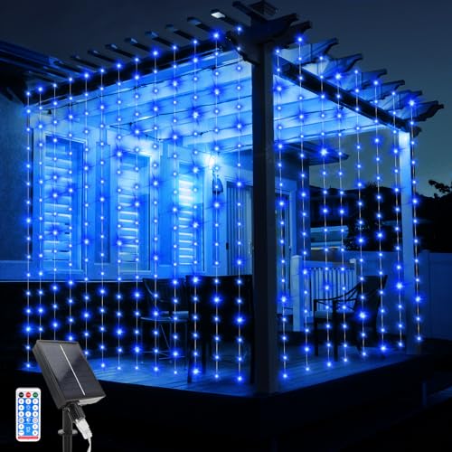JIMACRO Solare Tenda Luminosa, 3Mx3M Impermeabile Tenda Luci, 10 Pcs Tenda Catena Solare 8 Modalità 300 LED Tenda Luminosa con Telecomando per Natale Wedding Party Decorazioni Luminose
