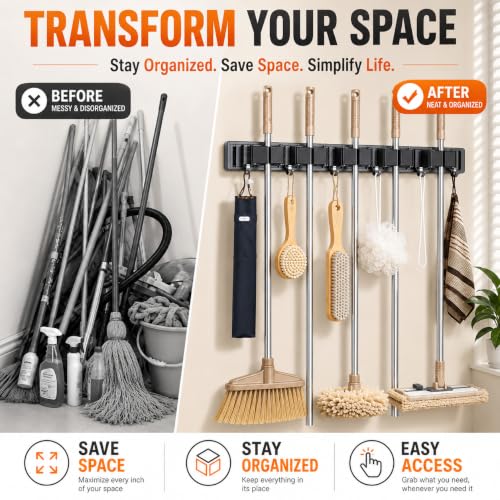 Image of TENOM Broom Holder Wall Mount, Space Aluminium Rust Proof Mop Holder, Broom Stick Holder Wall Mounted with Hooks, Mop Hanger for Kitchen, Bathroom & Home