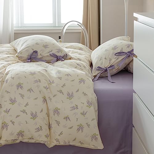 VM VOUGEMARKET Cotton Duvet Cover Set Queen,3 Pieces Purple Floral Bedding Set,Girls Lavender Flower Duvet Cover with Zipper Closure-Queen,90x90 Inch