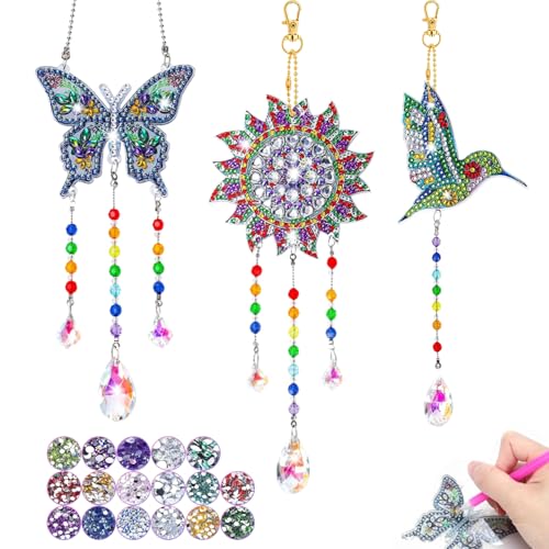 Arts and Crafts for Kids Ages 6-12 Birthday Gifts for 6 7 8 9 10 11 12 Year Old Girls DIY Diamond Painting Kits for Kids Teens Adults Butterfly Sun Hummingbird Wind Chimes for Home Garden Decor