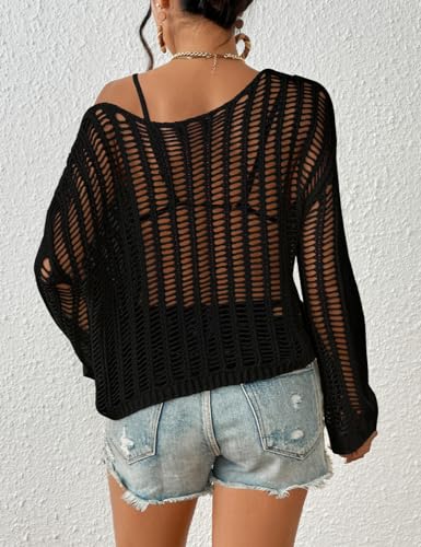 Bsubseach Beach Cover Ups for Women Sexy Hollow Out Crochet Cover Up Long Sleeve Knitted Crochet Tops for Women4
