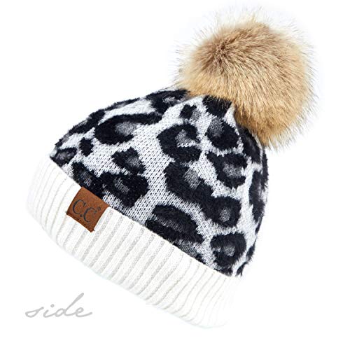 Image of C.C Exclusives Soft Beanie hat with Leopard Pattern and Fur Pom(HAT-7001)(SF-7001)