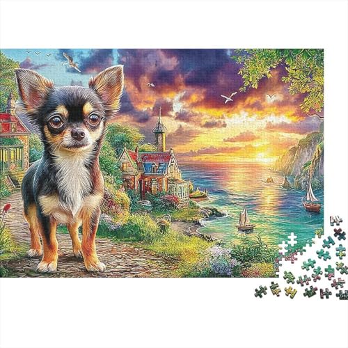 Chihuahuas Junto al Lago. Rompecabezas de cartón Grueso y Resistente de 1000 Piezas con diseño de Chihuahuas en el río.para Adultos.Ideal para ejercitar la Mente, Relajarse y Decorar el hogar.38x26cm