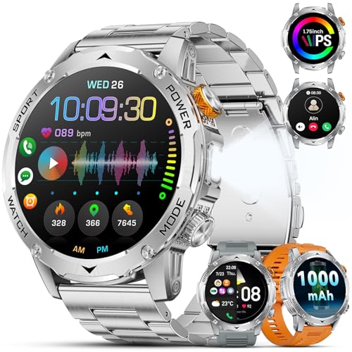ESFOE Smartwatch voor heren, 1000 mAh/led-lamp/5 ATM waterdicht, 1,75 inch militaire smartwatch voor heren met bluetooth-oproep, 113 sportmodi, 24 uur, slaap, hartslag, stappenteller, Android iOS