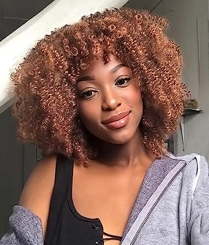 PORSMEER Curly Afro Wigs for Black Women Short Kinky Curly Wigs with Fringe Premium Synthetic Hair Full Fluffy Brown Wig for Ladies Daily Wear or Cosplay Party,14inch