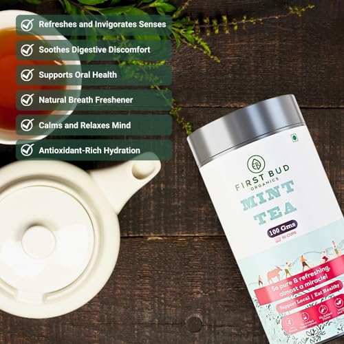Image of First Bud Organics Mint Tea - 100gm | Refreshing, Soothing Herbal Blend | Pure Peppermint Leaves, Caffeine-Free | Digestive Health and Relaxation