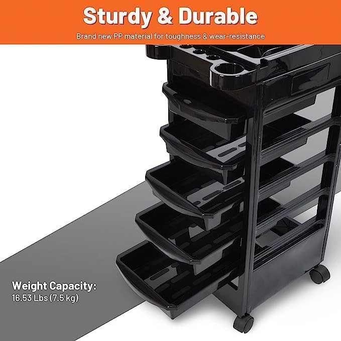 1Pcs 5Layer Salon SPA Beauty Hairdressing Rolling Trolley Cart with Drawers Hair Dryer Service Tray Trolley Cart with Wheels,5 Drawers, Rolling Cart for Extra Storage, for Hair Stylist 1