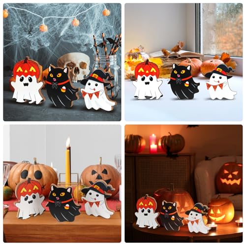 Cute Ghost Halloween Decorations Indoor, Witch Pumpkin Black Cat Candy Corn Wooden Tiered Tray Signs Decor for Table Office Desk Fireplace Mantle (Set of 3)