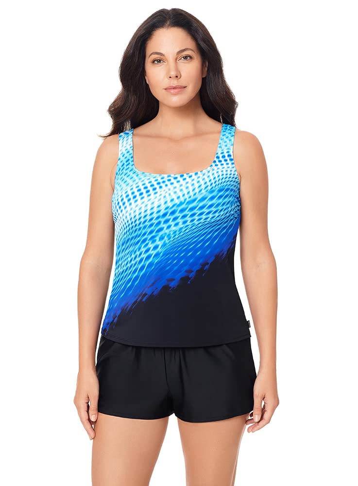 Reebok Damskie stroje kąpielowe sport moda kosmiczna fala okrągły dekolt tankini strój kąpielowy top, Niebieska oprawa świetlna, 38
