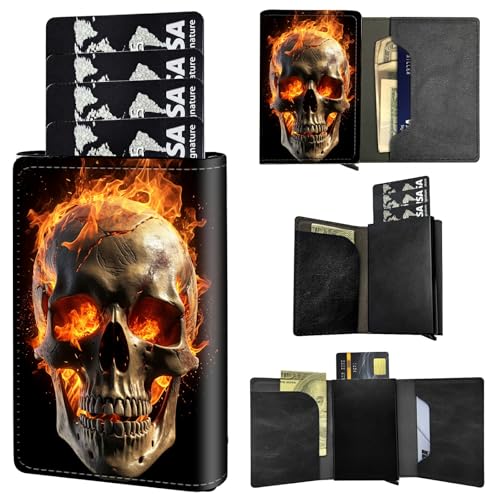 RFID Blocking Card Holder Wallet Billeteras de Hombres, Pop Up Minimalist Wallet for Men Women, Large Capacity Smart Wallet fit Money, ID Card, Driver's License, Fire Skull
