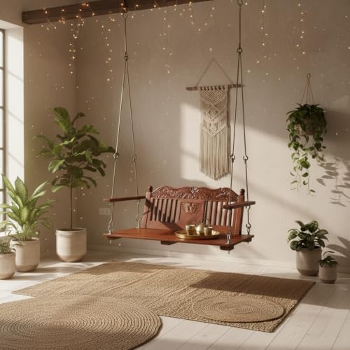 Image of APRODZ Swing for Home Reversible Sheesham Wooden Jhula for Adult for Home | Wooden Swing for Balcony | Hanging Swings with Brass Coated Chain | Patio Double Seater Indoor /Outdoor Swing, 132 x 58cm