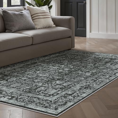 Dark Black Area Rug 3x5 Office Entryway Rug Machine Washable Kitchen Vintage Distressed Non Slip Carpet Indoor Retro Floral Accent Throw Door Mat for Bathroom Bedroom Dining Living Room