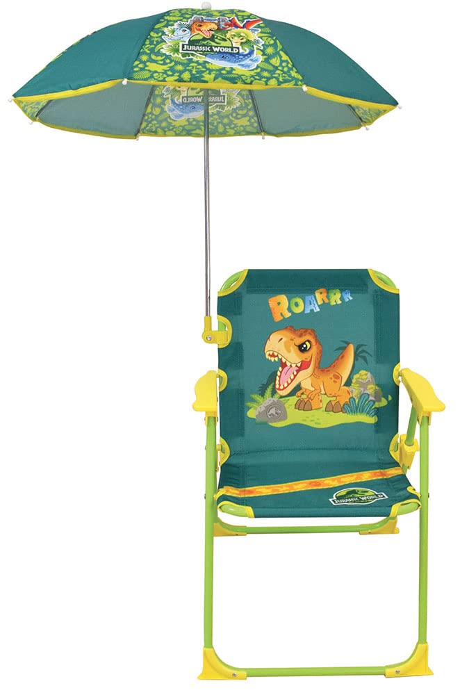 Fun House Infantil Jurassic World 713465 Silla Plegable Camping Dinosaurios Dimensiones: H.38,5 XL.38,5 x P.37,5 cm + Parasol Ø 65 cm, Multicolor