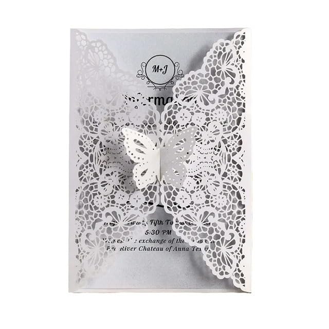 Faire Part De Mariage Lot de 50 couvertures de cartes d'invitation de mariage en forme de papillon, décoration d'anniversaire, de fiançailles, de mariage, fournitures de fête Faire Part Mariage(50 Whi