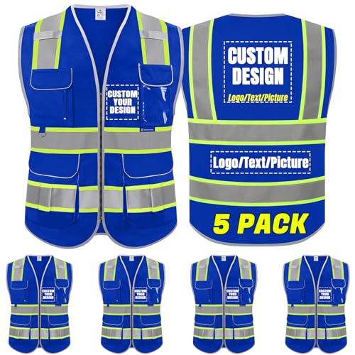 BeautyWill 5Pack Custom Logo Safety Vest 8 Pockets Class2 ANSI Certified High Visibility Reflective Vest for Men - Personalized Logo Heavy-Duty Work Vest（Blue，3XL）