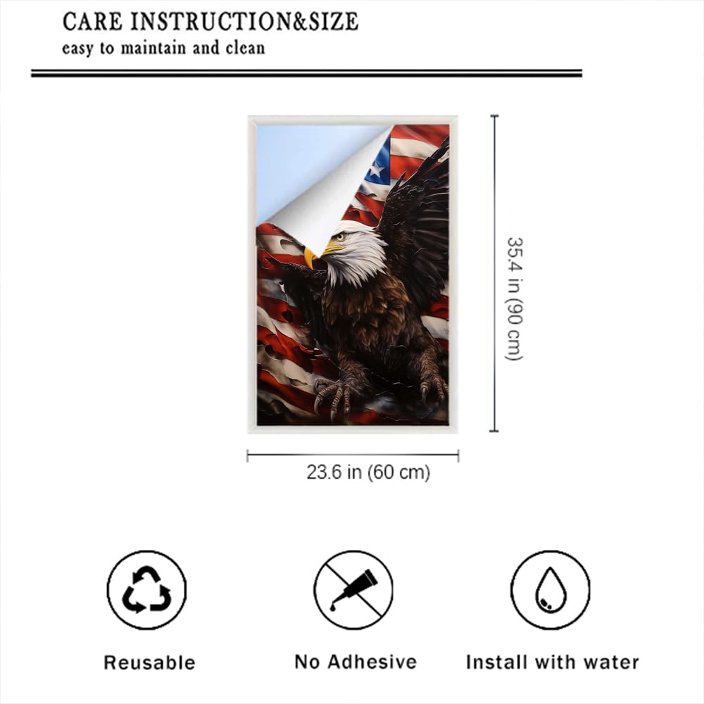 American Flag Eagle Stained Glass Window Film Cool Animals Bird Modern Privacy Window Film Glass Door Covering Non-Adhesive Window Stickers for Bathroom Kitchen 23.6Wx35.4L
