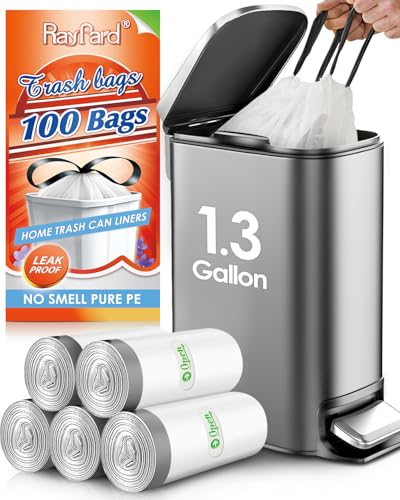 RayPard 1.3 Gallon 100 Counts (fit 1.3-1.5 Gal) Mini Drawstring Trash Bags Garbage Bags 4-5L Small Plastic Trash Can Liner fit 1 1.2-1.5 Gal Waste Basket for Home Office Kitchen Bathroom White