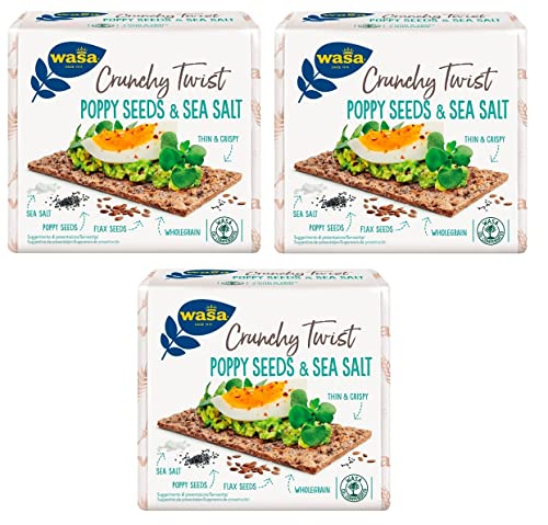 Wasa Crunchy Twist Poppy Seeds & Sea Salt, Galletas integrales ricas en fibra con harina de centeno, semillas de lino, amapola y sal marina de 245 g + gratis italiano Gourmet Polpa di Pomodoro 400 g