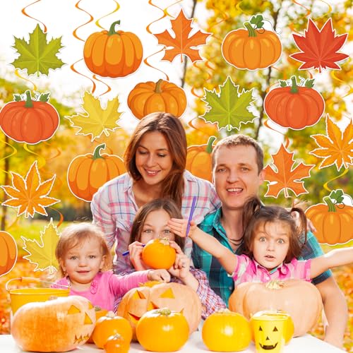 Image of 40Pcs Fall Pumpkin Maple Leaf Hanging Swirl Decorations, Autumn Thanksgiving Party Ceiling Hanging Swirls Fall Hanging Swirls Streamers for Autumn Thanksgiving Harvest Party Decor Supplies