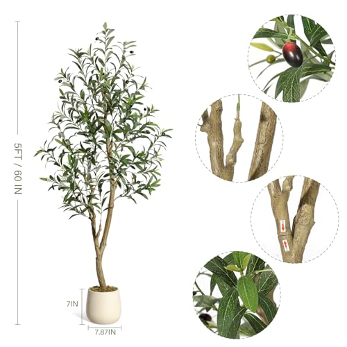 GarveeHome Olive Trees Artificial Indoor, 5ft Tall Faux Silk Plant - Fake Potted Tree with White Planter, Artificial Plants with Natural Wood Trunk and Lifelike Fruits for Home Office Decor, 2 Pack