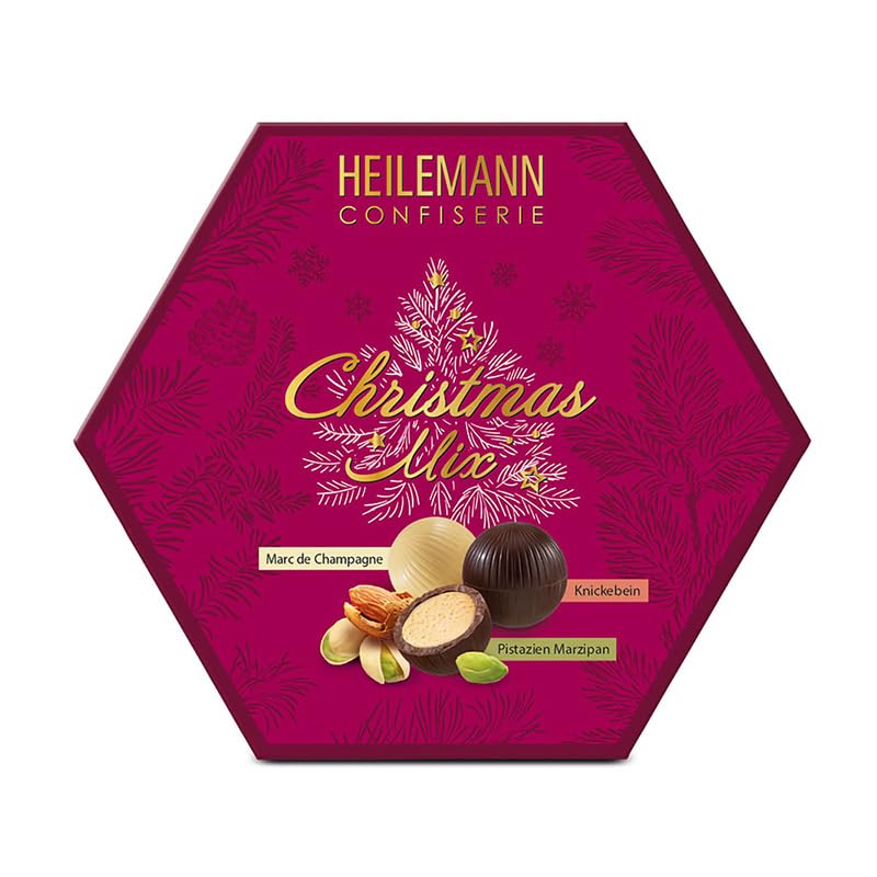 Heilemann Christmas Mix mit Trüffel-Kugeln mit Alkohol, 180 g - Bunter Teller Schokoladen-Geschenk 'Merry Christmas'-Edition