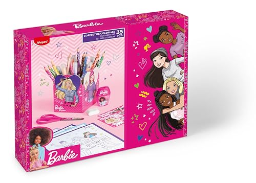 Maped - Coffret de Coloriage Barbie - Crayons, Feutres, Taille-Crayons, Ciseaux 13cm, Gomme, Stickers, Pot à Crayons - Licence Barbie Officielle