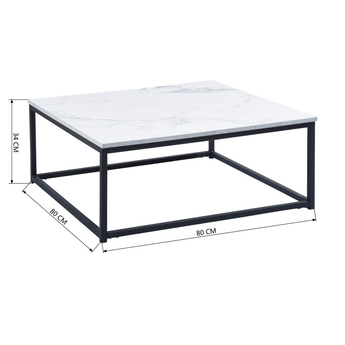 MEUBLE COSY Tavolino da Caffè Tavolini da Salotto Divano Tavolo Quadrata con Piano Effetto Marmo Struttura in Metallo per Soggiorno, Camera da Letto, Montaggio Facile, Bianco e Nero, 80x80x34cm