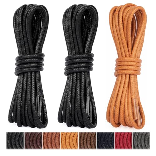 Image of Handshop 3 Pairs Dress Shoe Laces | 3 /32 inch Thin Round Waxed Shoelaces | Polished waxed sheen, tightly woven cotton, secure tie, for oxfords, derbies and chukka boots, 23 inch-63 inch sizes and 15 colors