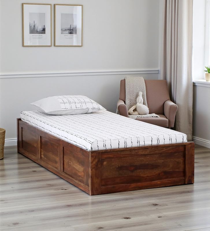 Image of Solid Sheesham Wood Urban Single Bed with Box Storage | Wooden Single Bed Cot Palang Furniture for Bedroom Living Room Home and Hotel (Provincial Teak Finish)
