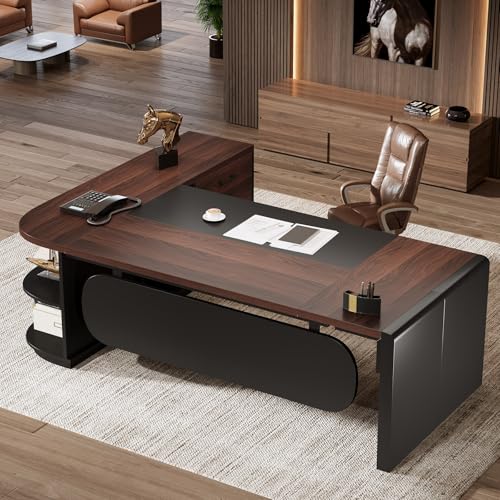 Image of Tribesigns 80'' L-Shaped Desk Set of 2, Large Executive Office Desk with 55'' Drawers Cabinet, Modern Computer Table with Storage Shelves, Business Furniture for Office, Walnut