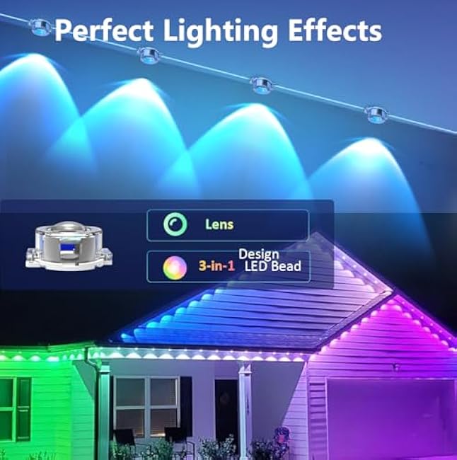 IVRICH 100FT Permanent Outdoor Lights, Smart RGB Eave Light with APP/Remote Control, IP67 Waterproof, DIY Scene Modes, Music Synchronization, Timer Function, for Christmas, Party, Holiday Decor