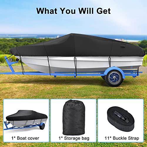 Vigorvan Heavy Duty 600D Marine Grade Boat Cover, 17'-19' Trailerable Waterproof Boat Covers, Anti-Uv & Windproof Boat Cover Fits V-Hull, Tri-Hull, Fishing Boat, Runabout, Bass Boat, Ski Boat, Black #TOP5
