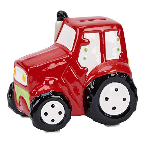Creative Gifts International Red Harvesting Farm Tractor Piggy Bank, 6" x 6", Shiny Ceramic Finish, Gift Box Included