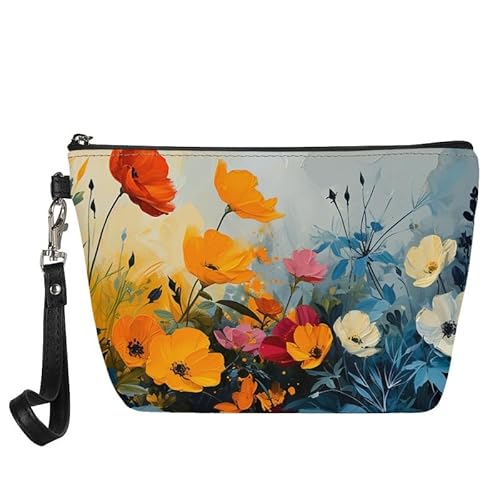 Borsa cosmetica da donna borsa da toilette da viaggio da bagno per pelle per trucchi e portamonete Fiori selvatici. Organizer per borse