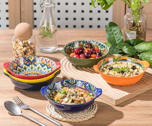 Henten Home Schalensets mit Griffen, Salatteller Servierteller 6er Set, 520ml Keramik Pastateller für Pasta Salat Obst, Bunt Schalen - Böhmischer Stil