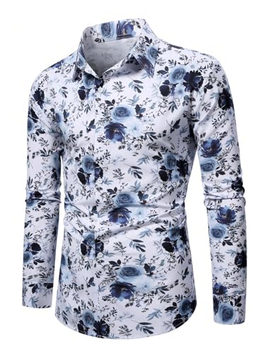 Men's Floral Dress Shirts Flower Graphic Collared Long Sleeve Button Down Shirt4