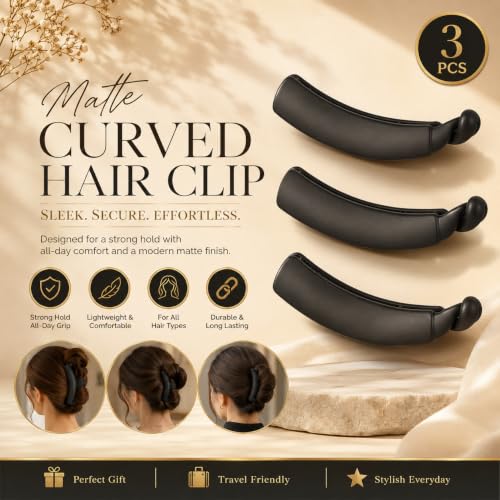 Image of Glaze Matte Finish Curved Hair Clips for Women & Girls Pack of 3 Hair Claw (large)
