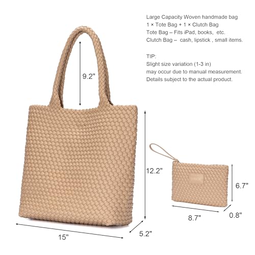 Image of BAGOK Woven Tote Bag for Women, Handwoven Vegan Leather Shoulder Bag with Clutch, Large Tote for Work, Travel & Beach